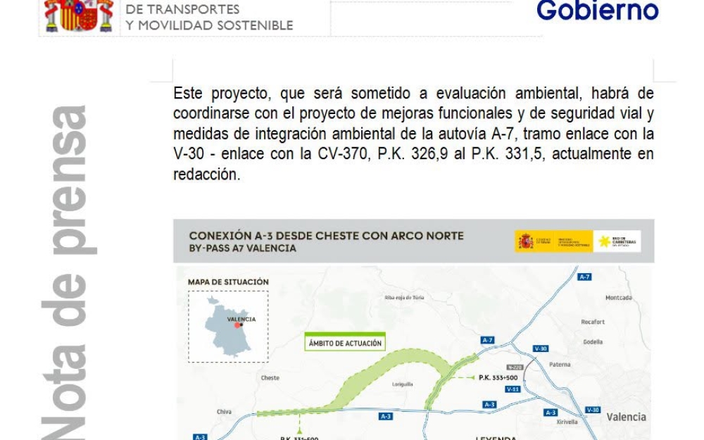 TRANSPORTES LICITA POR 6,4 MILLONES LA CONEXIÓN ENTRE LA A-3 EN CHESTE Y EL ARCO NORTE DE LA A-7